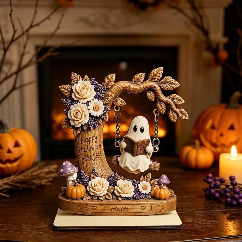Wooden Ornament, Ghost Swing Figurine Reading on Moon, Atmosphere Decor for Bookshelf, Bookcase & Library