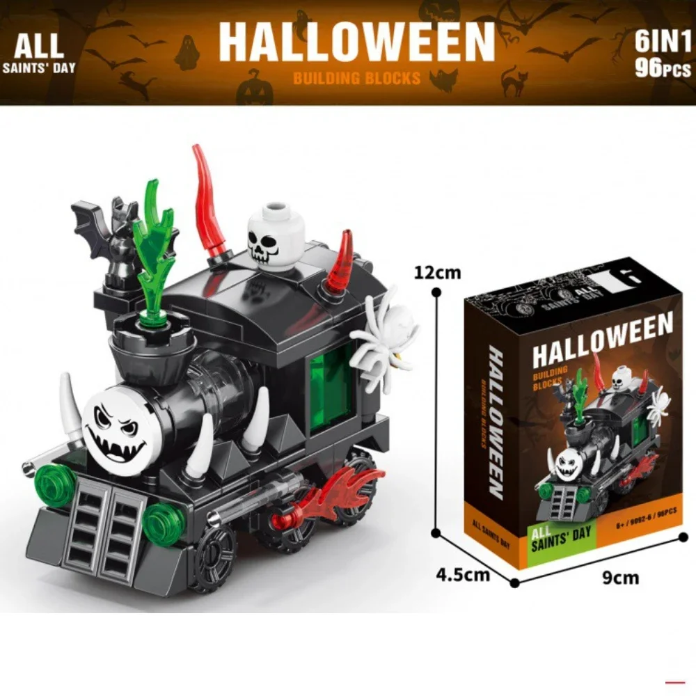 創造的なモックハロウィーンビルディングブロック、お化け屋敷、カボチャランタン、キャンディハウス、電車のおもちゃ、子供向けのDIYギフト、6 in 1