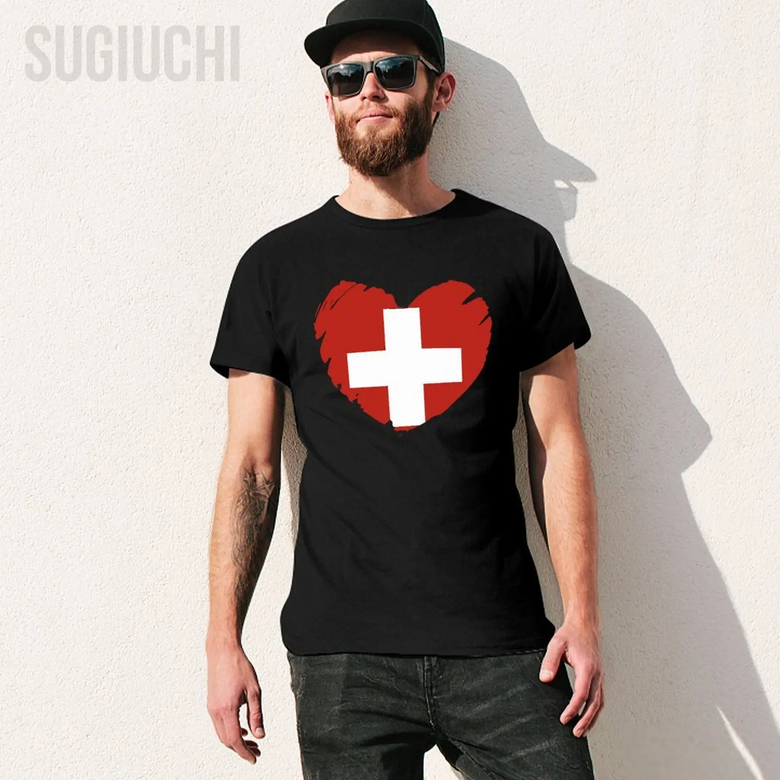 Men Switzerland Flag On Shape Of Heart Swiss Switzerland Lovers Tshirt Tees T Shirts Women Boys 100% Cotton T-Shirt
