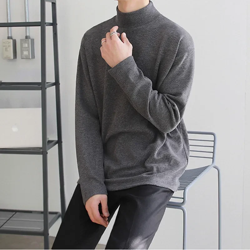 Sweater beludru wajah ganda longgar pria, Turtleneck mewah kasual polos musim semi musim gugur musim dingin E3743 hangat sederhana ukuran besar