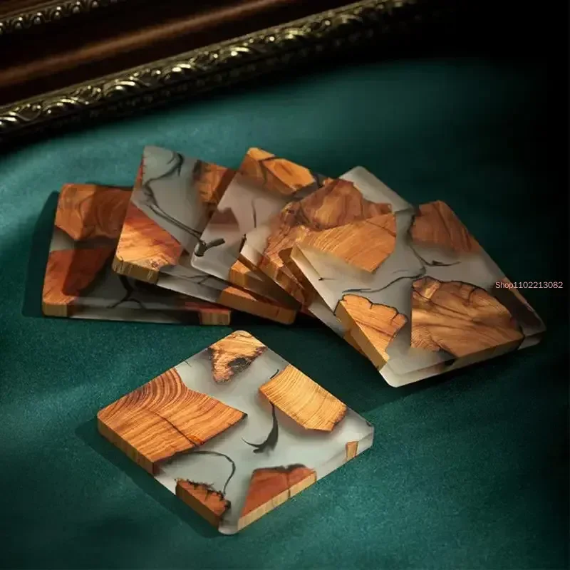 6 Pcs Wooden Tea Coaster Japanese Style Cup Holder Insulation Resin Pad Storage Box Gasket Tea Ceremony Creative Pad