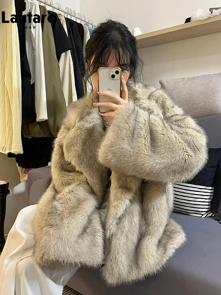 nerazzurri Autumn Winter Loose Casual Thick Warm Hairy Soft Shaggy Faux Fox Fur Coat Women Fluffy Jacket Korean Fashion Cardigan