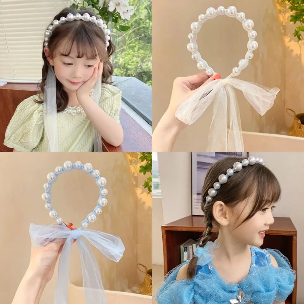 Sweet Korean Style Pearl Ribbon Hairband Head Wear 3D Princess Hair Hoop Hair Clip Hair Wear Children Wreath Headband Girls