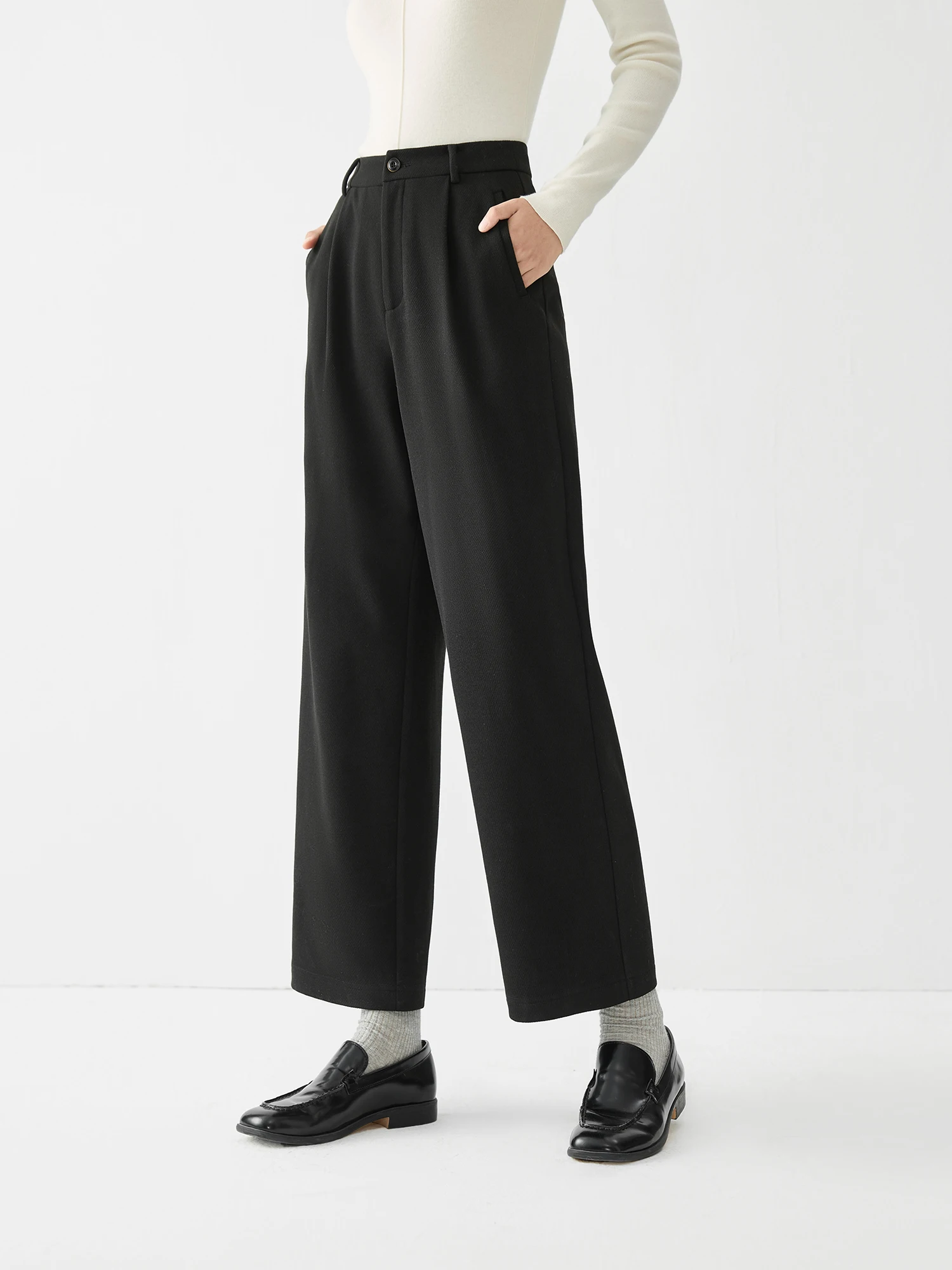 FSLE【2 Colors】Women Winter Pants Thicken Beige Cropped Trousers 2.2% Wool Blended Back Elastic Waist Black Winter Pant 24FS14688