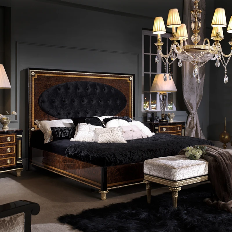 

!@Customized European Style Bedroom Furniture Black Velvet King Size Soft Bed Classic Antique Solid Wood Luxury Bedroom Set 202