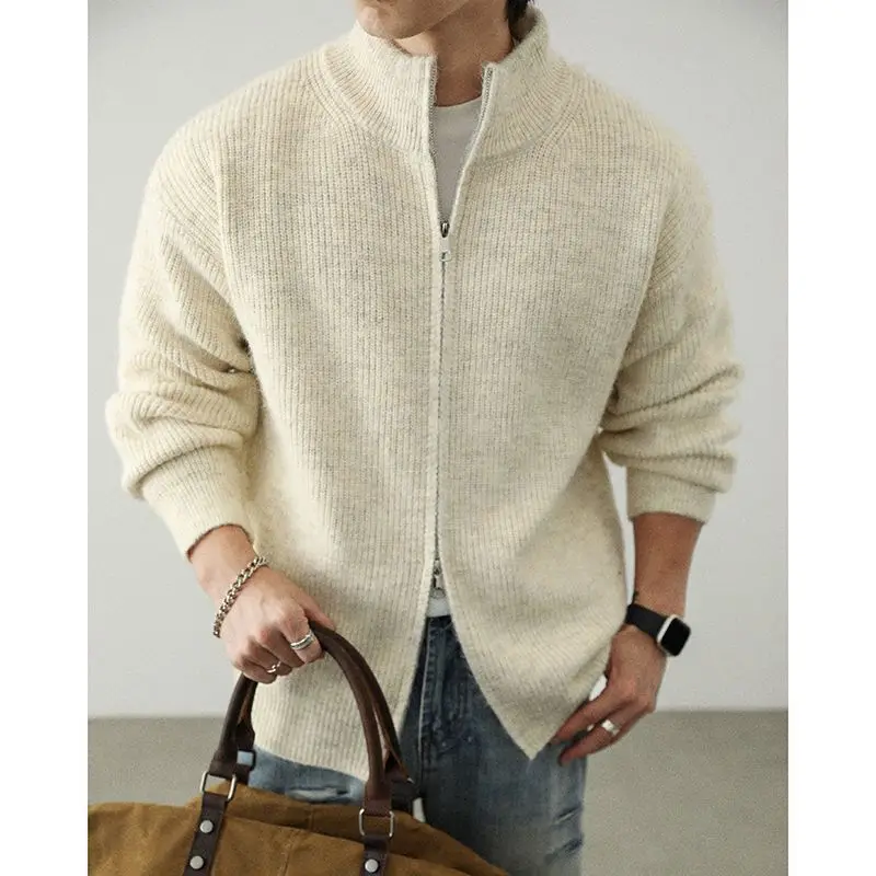 

Men's Autumn Winter Thiened Woolen Knitted Cardigan Coat Zipper Collar Mid-Ne Men's Faion Outerwear Comfortable Polyester