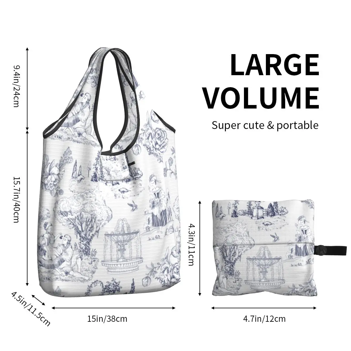 Reusable 18th Centurey French Toile De Jouy Shopping Bags for Groceries Foldable Vintage Bags Washable Sturdy Large Tote Bags