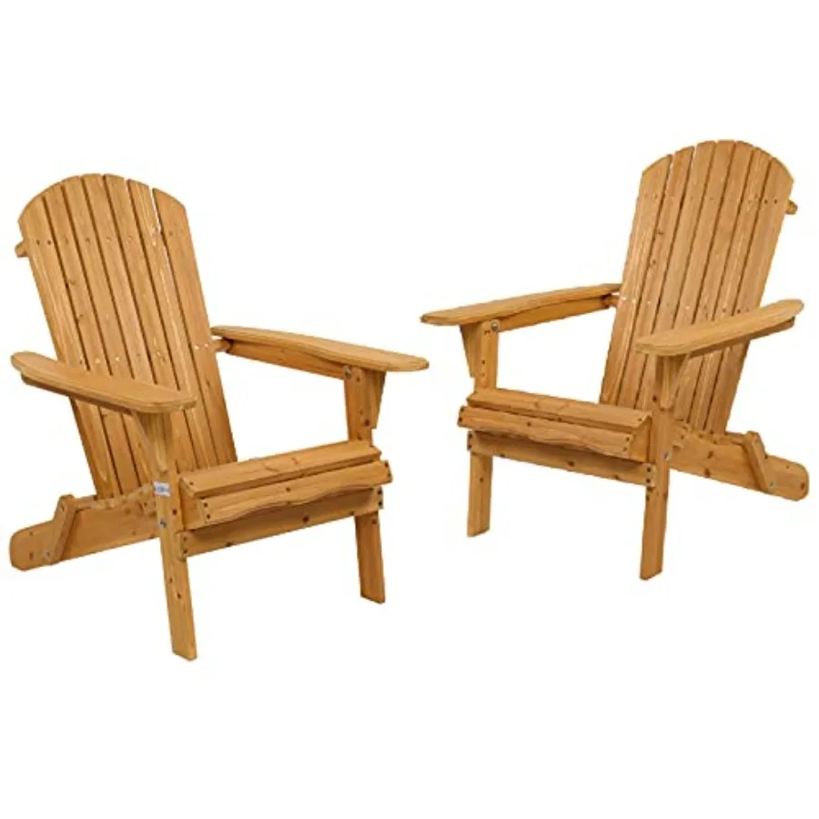 Wooden Adirondack Chair Ergonomic Design 2pk,Folding Outdoor Patio Lounger Armchair Furniture w/Natural Finish, for Beach, Pool