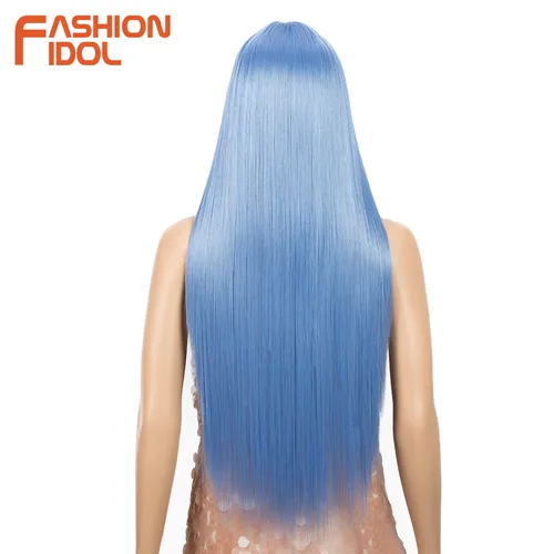 Imagen 2 del producto FASHION IDOL pelucas rectas de 30 pulgadas, pelucas frontales de encaje de pelo sintético, pelucas de Cosplay azules coloridas de arcoíris ombré, fibra resistente al calor