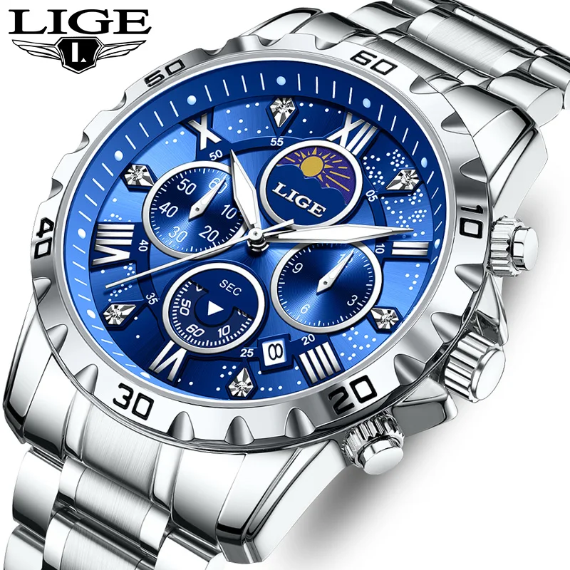 LIGE Luxury Military Watch for Men Sport Quartz Man Wristwatch Waterproof Luminous Chronograph Stainless Steel Men's Watches