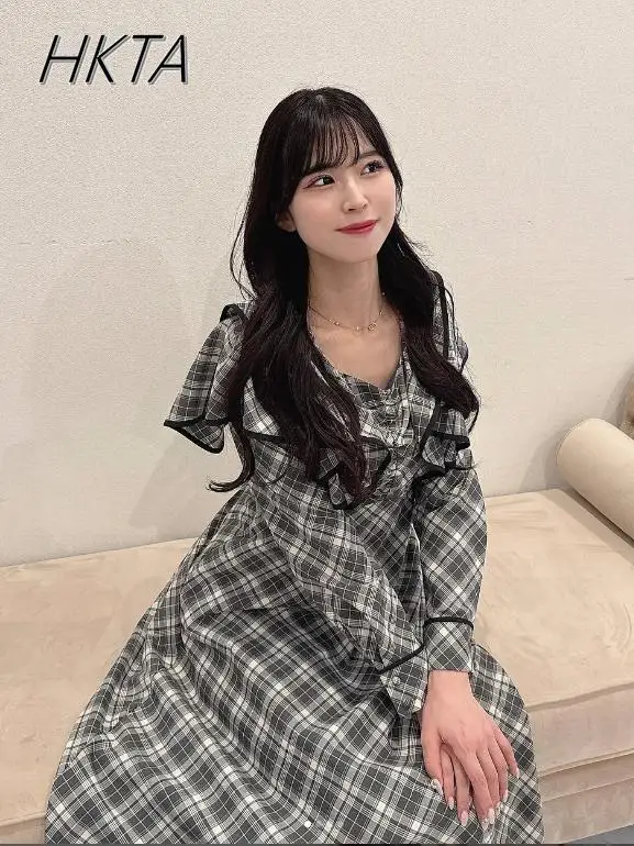 

Japanese Niche Commuter Ruffle Long-sleeve Plaid Dress Women Spring Autumn New Daily Versatile Lace-up Waist Slimming Long Dress