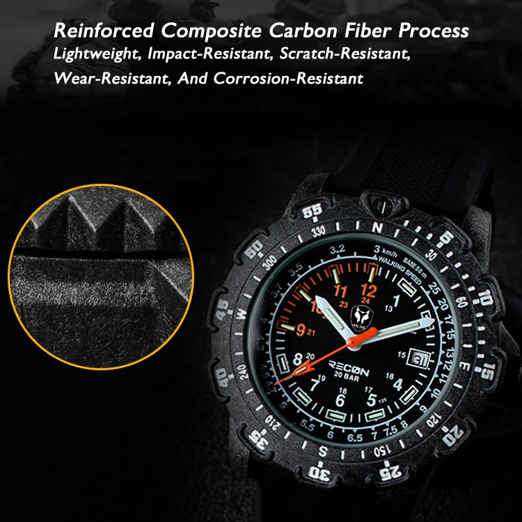 Hnlgnox Mens Pilot Watches Sport Watch Military 20ATM Waterproof Quartz Wristwatch Carbon Fiber Case Luminous Rubber Strap