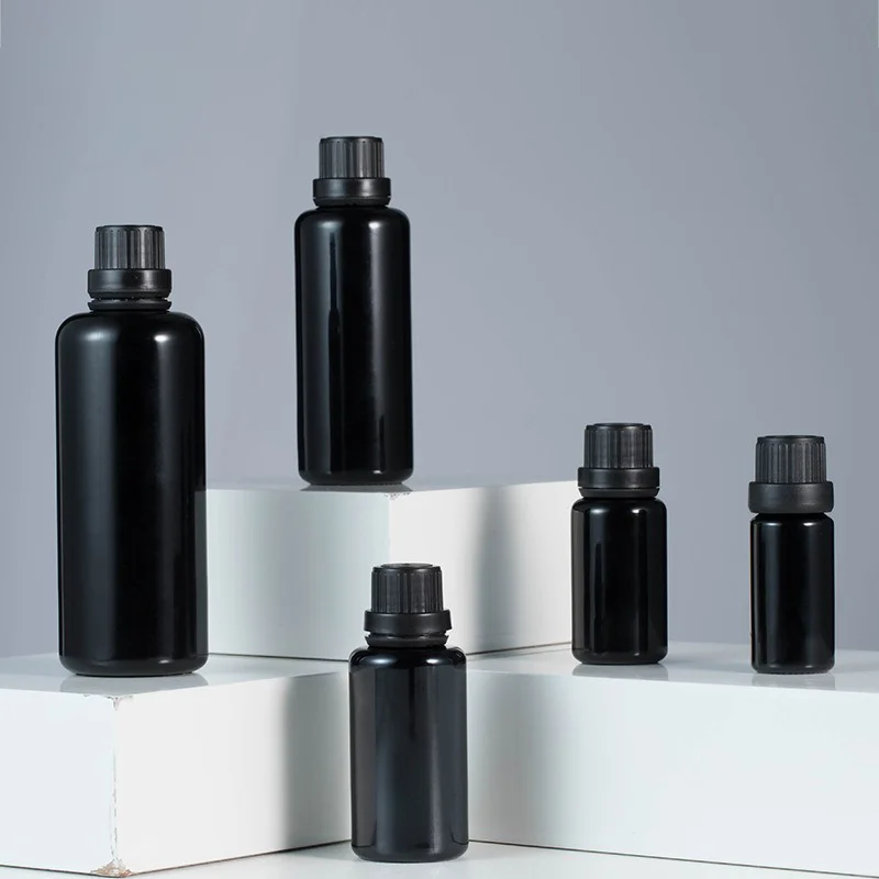 

Wholesale 10/15/30/50/100ml Euro Bright Black Glass Cosmetic Liquid Dropper Bottle with Black Anti-theft Cap DIY Serum Container