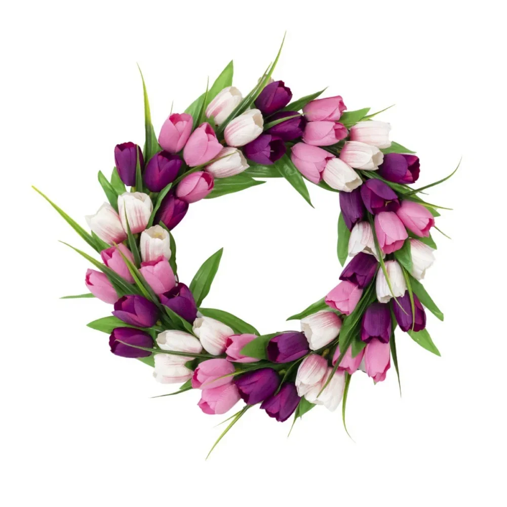

43cm Artificial Tulip Wreath Floral Arrangement with Greenery All-Season Hanging Decor for Home Wedding Various Room Types #