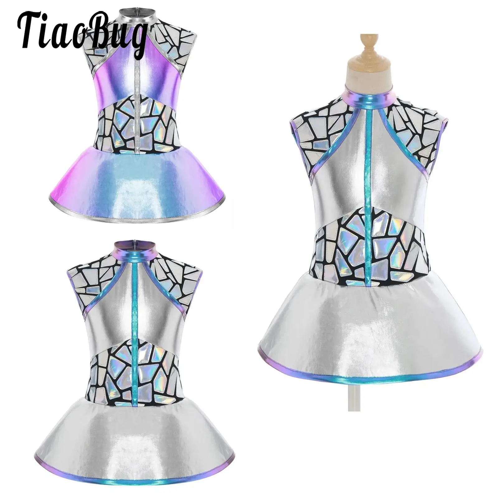 Girls Halloween Alien Cosplay Costume Outer Space Dresses Metallic Shiny Ballet Tutu Dance Dress for Role Play Theme Party
