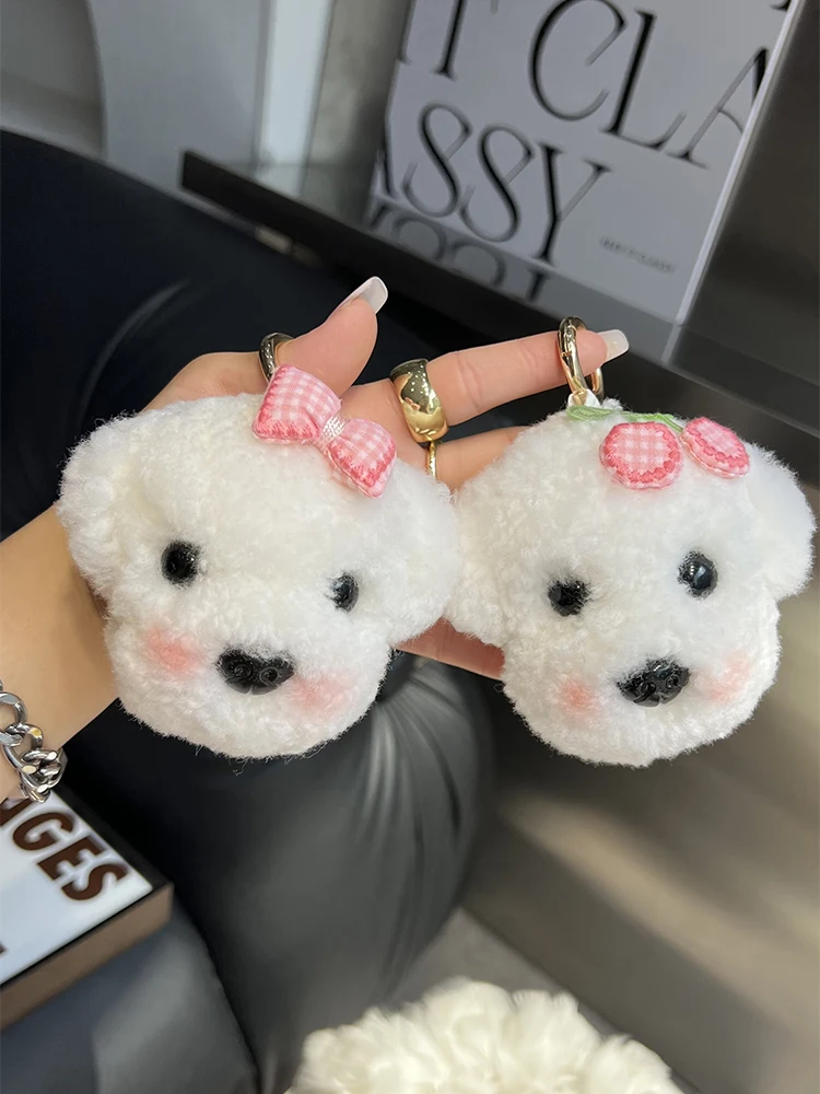 Cute Real Wool Fur Pom Pom Ball Key Chains Little White Dog Girls Plush Toy Women's Bag Pendant Car Key Metal Ring Trinkets Gift