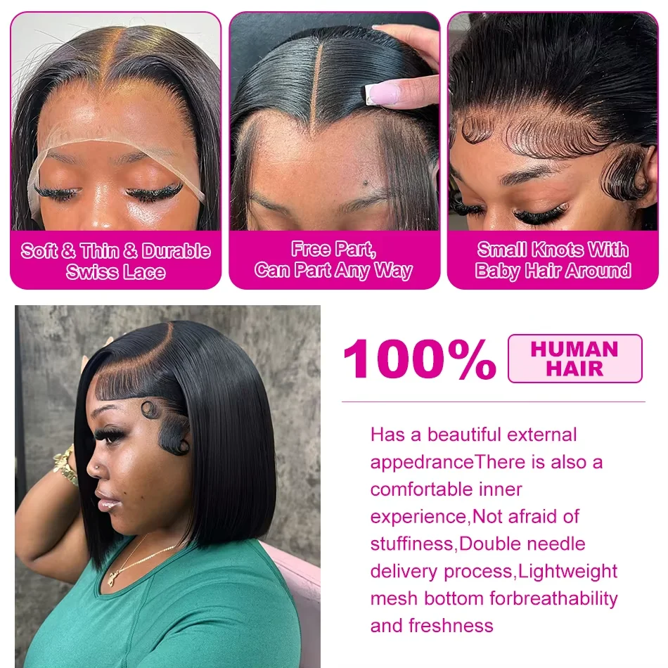 14 16 بوصة 13x4 HD شفافة العظام مستقيم الدانتيل أمامي شعر الإنسان قصير بوب شعر مستعار قبل قطعها 4x4 5x5 الدانتيل إغلاق الباروكات 250%