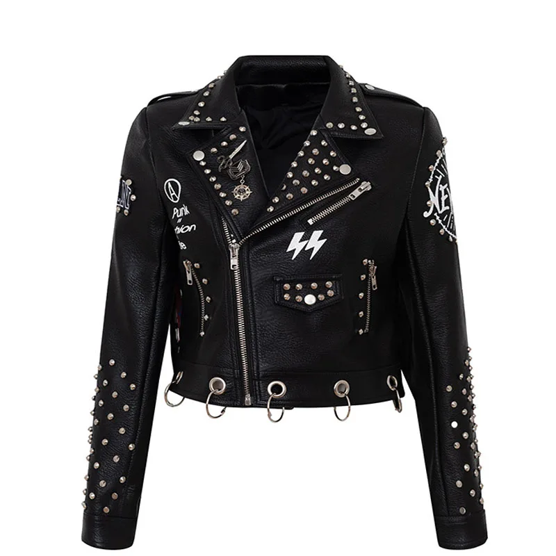 

2024 Women's Punk Rivets Leather Jackets Trend Streetwear Black Tassel Graffiti Print Faux Leather Motorcycle Jackets For Women