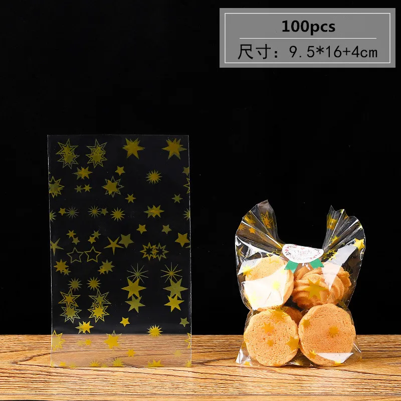 100Pcs Golden Star Baking Candy Biscuit Flat Pocket Stand Packaging Snowflake Nougat New Year Gift Bags