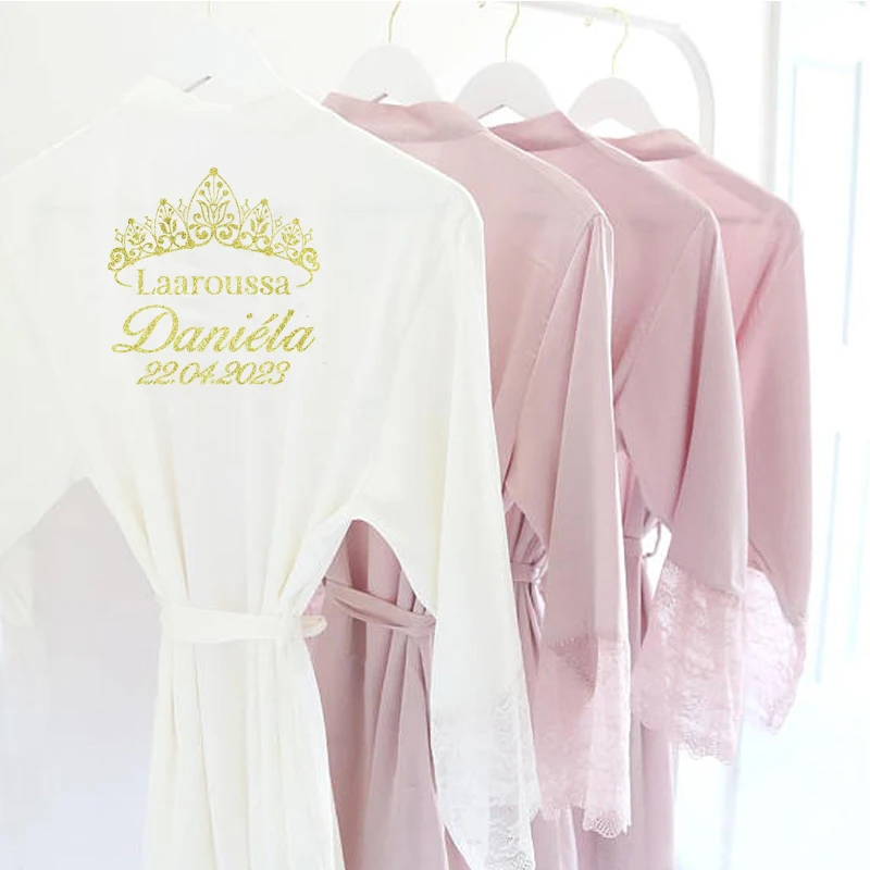 Personalized Name Lace Sleeve Sexy Women Nightwear Peignoir Mariage Wedding Kimono Silk Female Bathrobes Bridemaid Robes