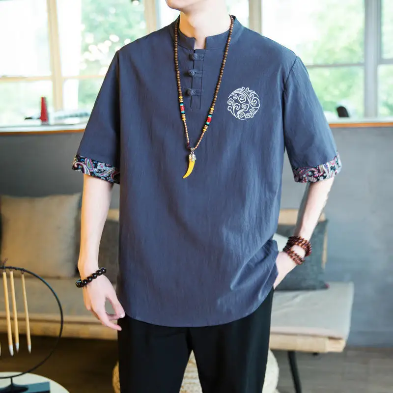 Men's Chinese Style Cotton T-Shirt Mandarin Collar Frog Buttons Cloud Short Sleeve Tang Suit Casual Summer Breathable Print Tops