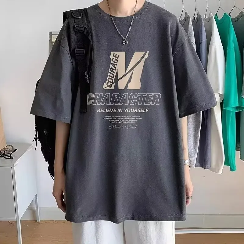 Pure Cotton Men's Oversized Short Sleeve T-shirt Comfortable Smooth Casual Manga Solid Color Weaving Luxury Y2k Anime Clothing