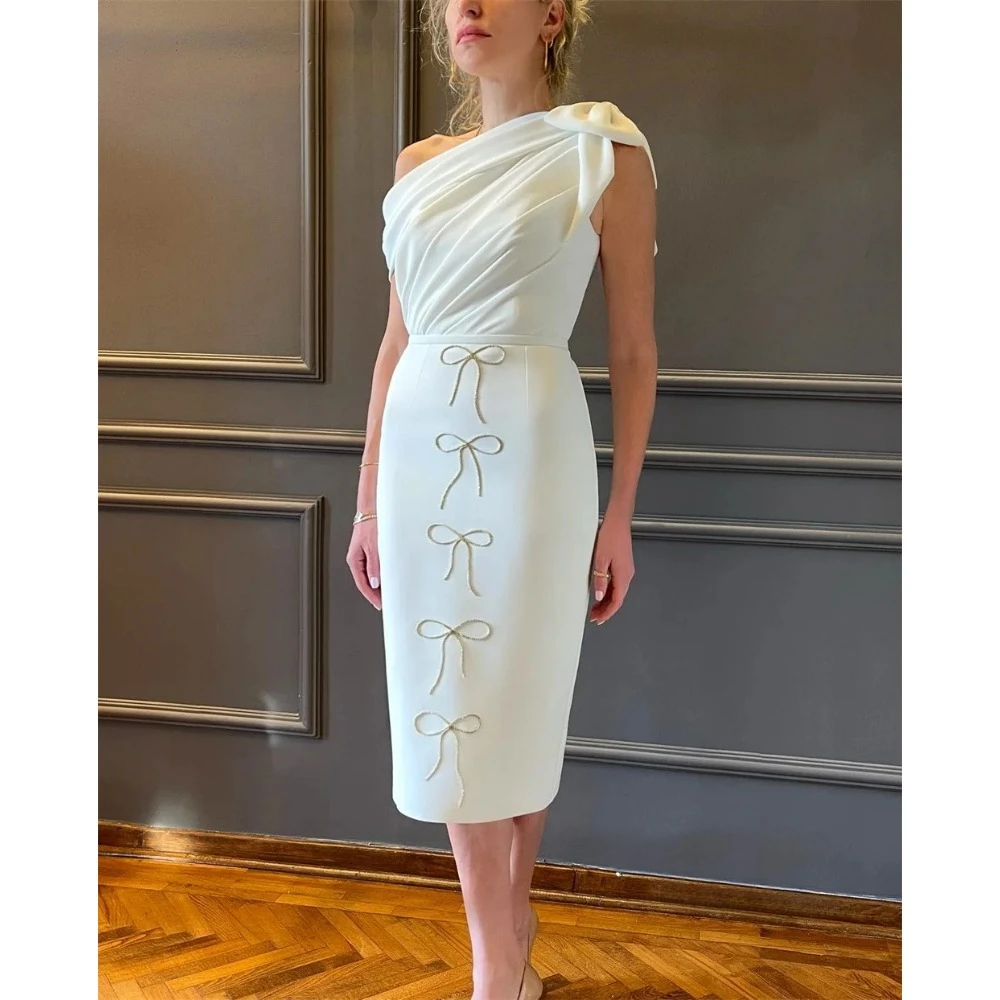 Vestidos de fiesta saudíes elegantes, vestidos de fiesta con lazo plisado de un hombro, vestido de noche Formal recto hasta el té personalizado