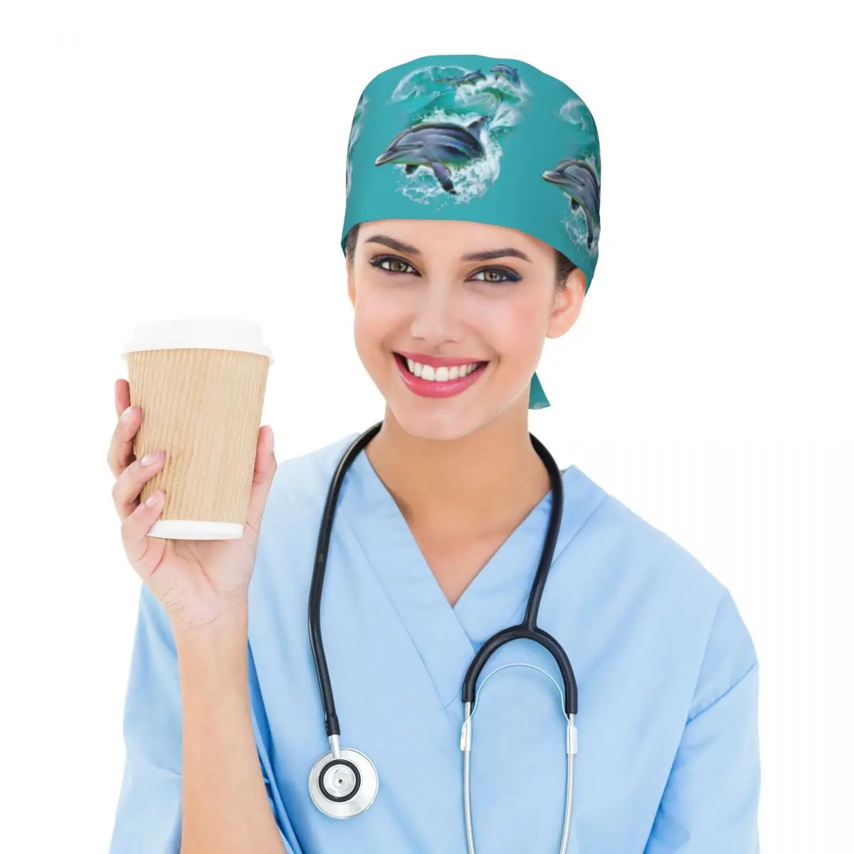 Dolphins Catching Waves Scrub Hat Doctor Working Surgical Cap Unisex Adjustable Nursing Caps for Dentist