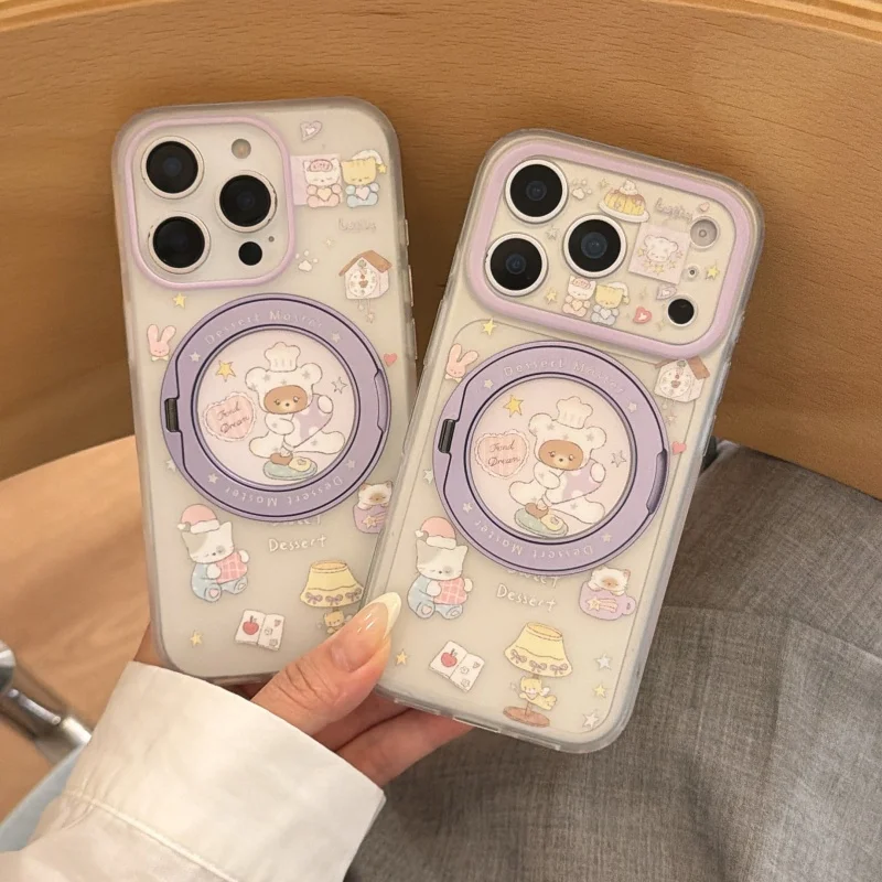 

Funny Cute Chef Bear Dessert Phone Case For iPhone 17 Pro 16 15 Pro Max Cover with Ring Holder Cartoon Protective Cases For Girl