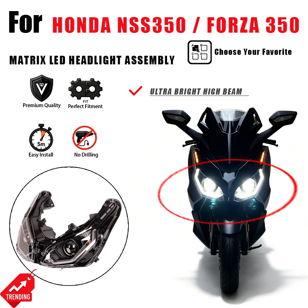 Faro LED para Motocicleta Honda NSS350 Forza 350, Conjunto de Faro Delantero LED Matrix Bi-LED, Luz Dual, Luz Alta, Faros LED, Repuestos para Moto
