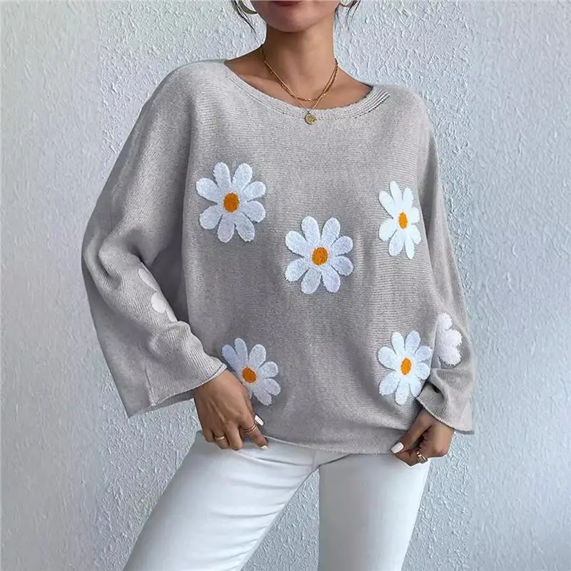 

Loose Lace-Up oulder Sweater round Ne Embroidered Flower Women's New 2024 Long Sve Casual Comfortable Fit Knitwear