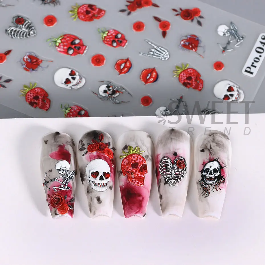 Autocollants pour ongles d'halloween en relief 5D, crâne, citrouille, Silder, fantôme, chauve-souris, toile d'araignée, décalcomanies de dessin animé, décoration de manucure gravée