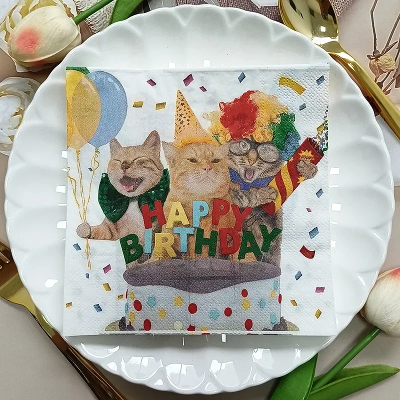20pcs 33*33cm 2-Ply Three Cats Colourful Printed Napkins Birthday Party Decorative Paper Placemats Butterfly Bone Bart Paper