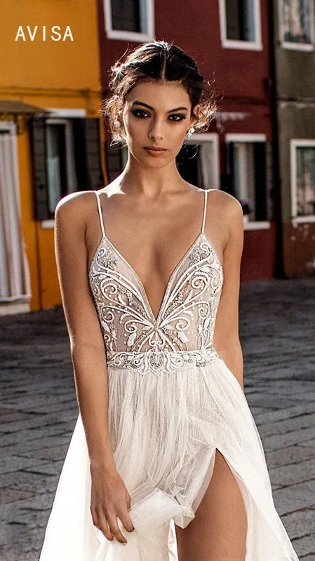 Robe de mariée sexy fendue sur le côté, tenue de plage en dentelle et tulle, style bohème, avec bretelles spaghetti