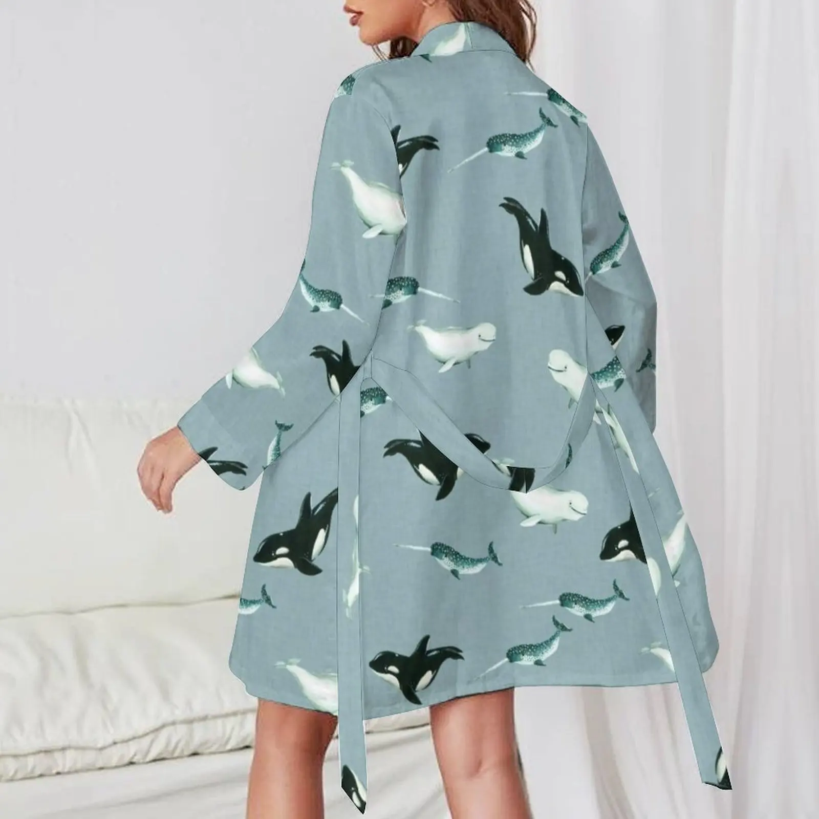 Arctic Animal Print Pajama Robe V Neck Whales And Bear Sleepwear Female Long-Sleeve Romantic Pajamas Robes Spring Home Dress