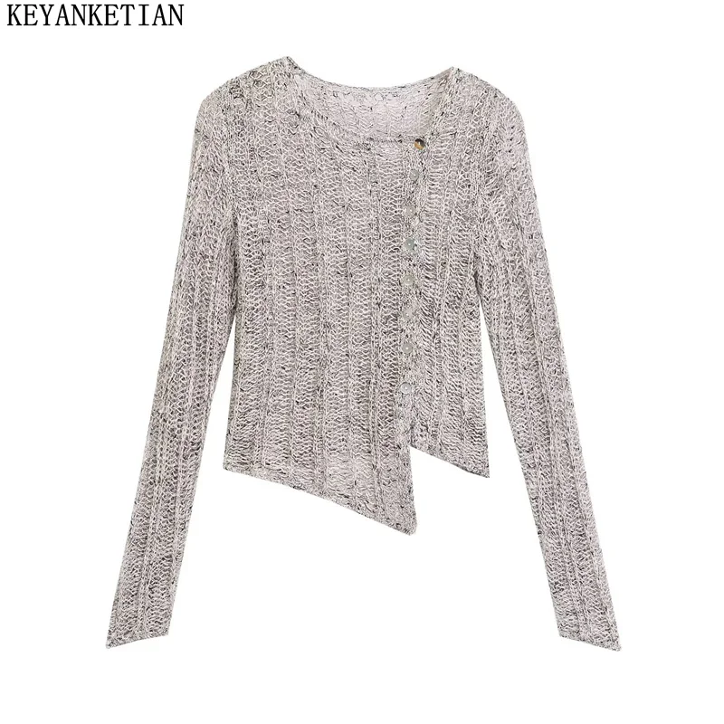 

KEYANKETIAN 2024 New Launch American Retro Asymmetrical Design Hollow out Knitted Top Women's Soft Slim Thin Crop Knitwear