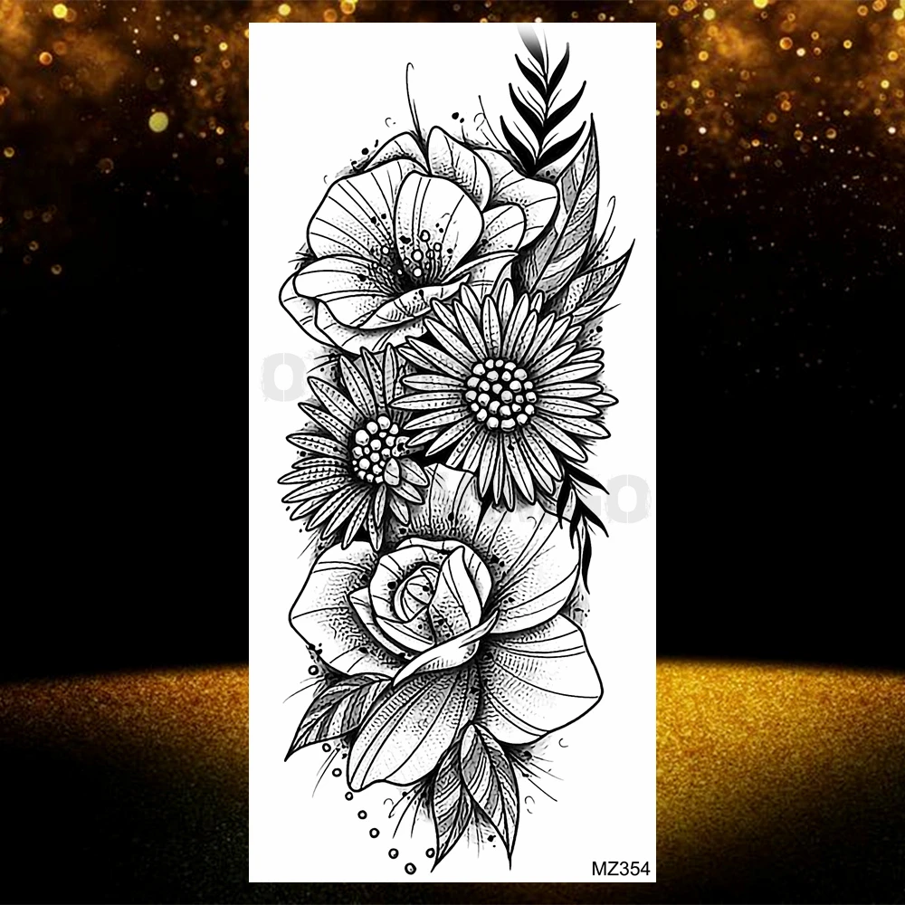 Realistic Black Rose Flower Temporary Tattoos Fake Waterproof Tatoo Body Art Arm Leg Floral Peony Bloosom Tattoo Stickers Makeup