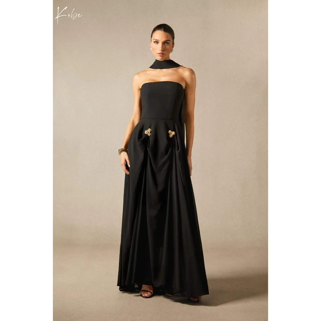 

Kobe Customized Black Glitter Long Silk Scarves Prom Dresses Strapless Backless Evening Dresses Floor-Length Party Dresses 2025
