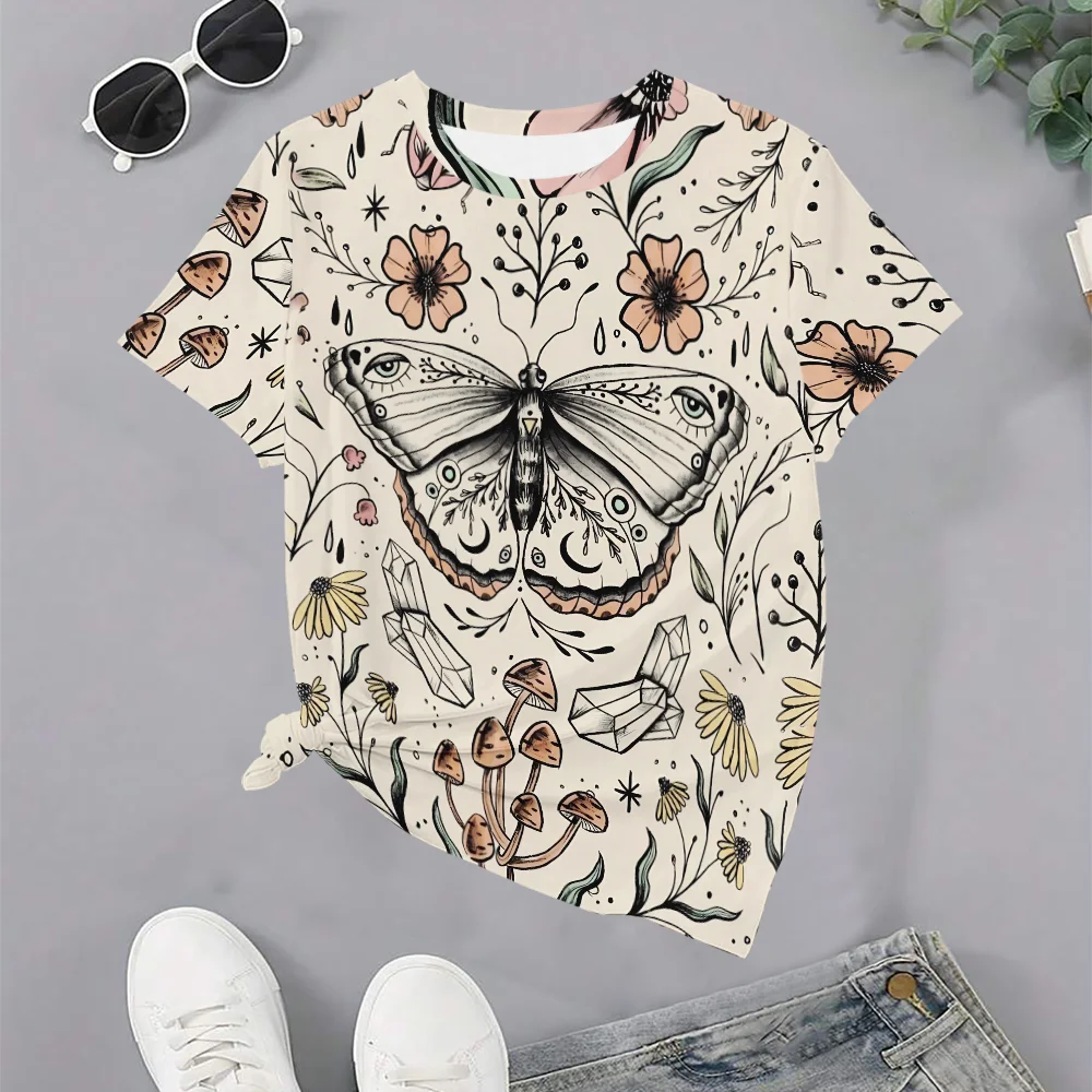 

Женская футболка бежевого цвета с принтом бабочки ручной работы - летняя футболка в стиле арт-моды с круглым вырезом и коротким рукавом