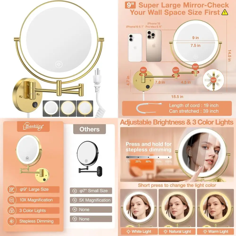 

9 Inch 2-Sided LED Lighted Makeup Mirror with 1X/10X Magnification, 3 Color Options, Touch Dimming, Extendable Arm, 360° Rotatio