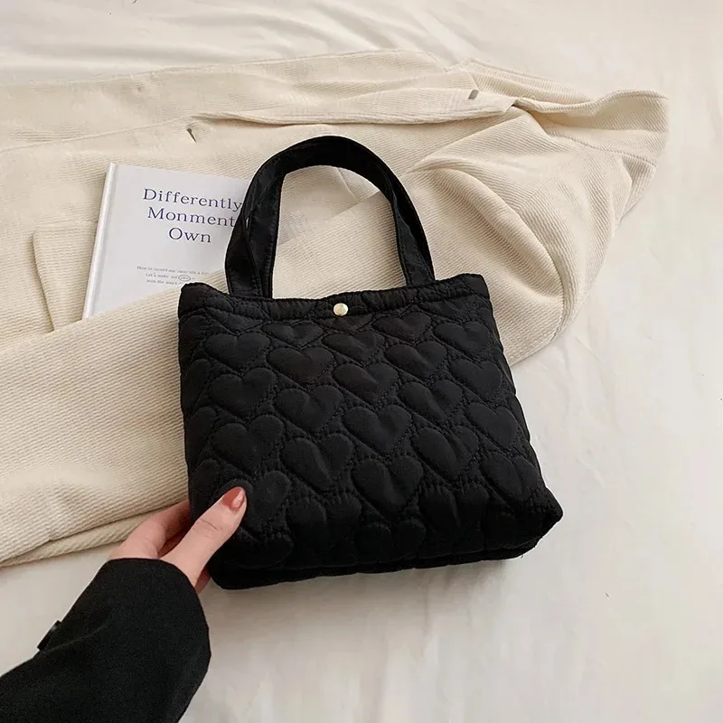 Solid Color Quilted Tote Bags Large Capacity Cotton Padded Handbags Trendy Fluffy Shoulder Bag for Winter Travel Women Girls