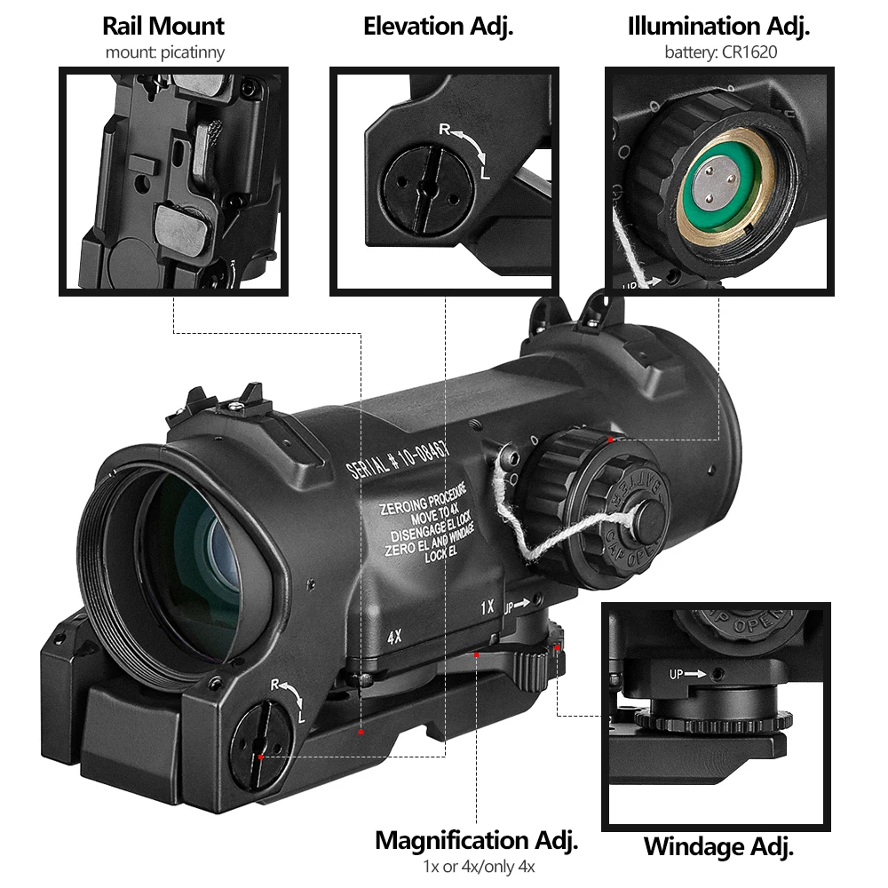 Fixed Dual Purpose Rifle Scope, Tático 1x-4x Red Dot Sight, Caça ao ar livre, Tiro Acessórios com tampas de borracha