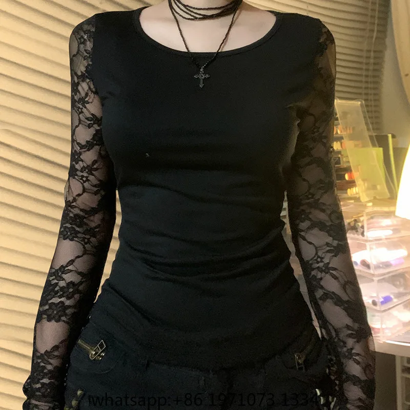 Goth Dark Mall Goth Solid Lace Patchwork Long Sleeve T-shirts Cyber Y2K O-neck Sheer Back Slim Tops Women Techwear Basic T-shirt