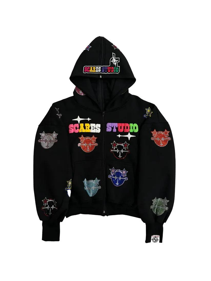 New Streetwear& hoodies Y2K n lettered paint cartoon studded with Diamond Zipper hoodie for men and women casual Streetwear