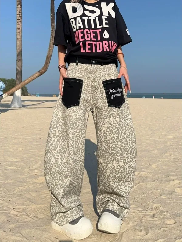 Calças Jeans Americanas Retrô com Estampa de Leopardo e Recortes, Unissex, Novo Design de Verão, Corte Solto, Perna Reta, Per...