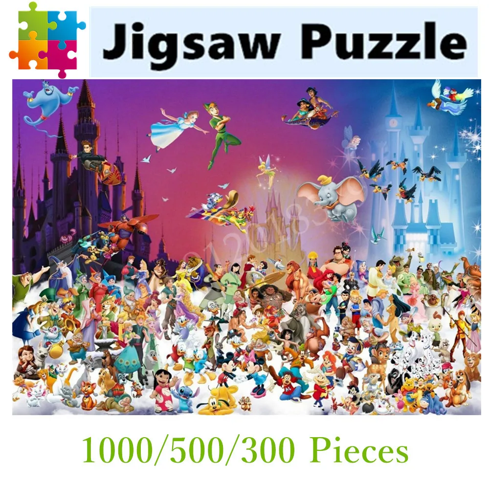 Puzzle en bois de personnages Disney pour la famille, jouets pour enfants, jeu pour adultes, décoration d'intérieur, cadeau, 300 pièces, 500/1000 pièces