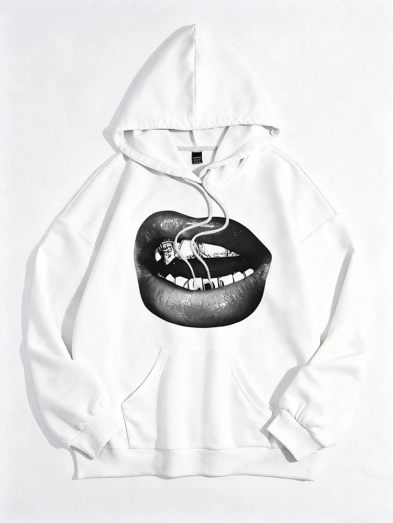 سويت شيرت نسائي بكتف منسدل مطبوع عليه شعار، سويت شيرت كاجوال مثير بطبعة شفاه فضفاض مناسب للنساء، خريف/شتاء