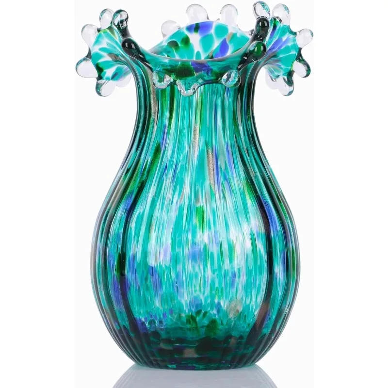 

Hand Blown Green Glass vase, Decorative Wide Mouth Glass vase for Home Living Room, Fireplace Decorations, Table centerpieces, e