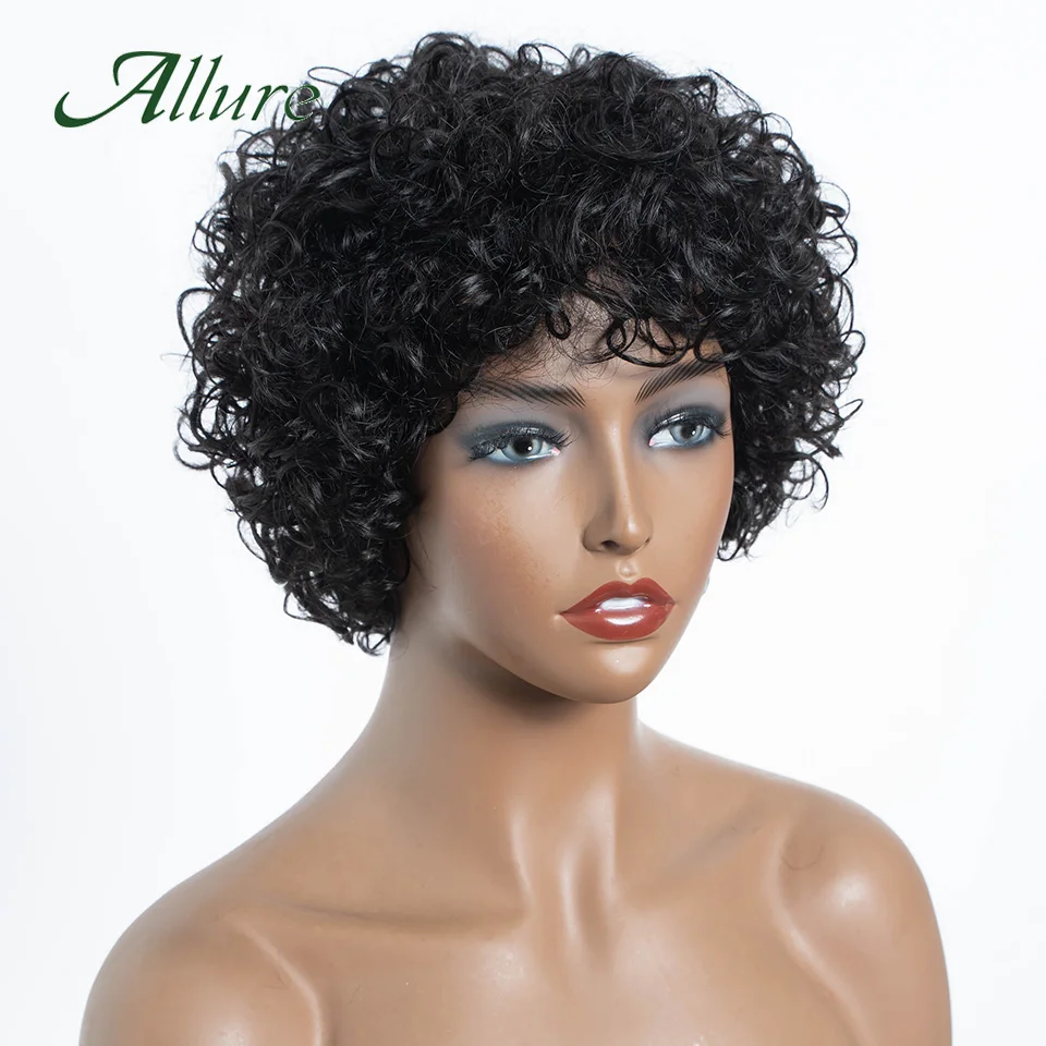 Afo Kinky Curly Human Hair Wigs for Women Brazilian Pixie Short Hair Wig With Bangs 8 inch Natural Black Colored Hair Wig Allure