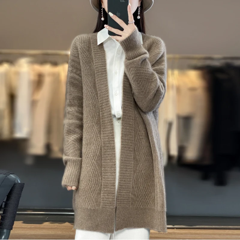 100% Merino wool autumn and winter new women's sweater V-neck long cardigan Korean version thick warm knit long sweater